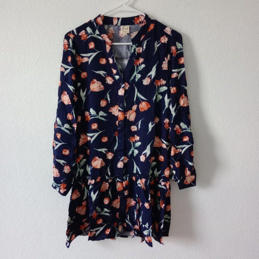 205 Collins Women's Floral Print Shirt Dress Navy size Medium